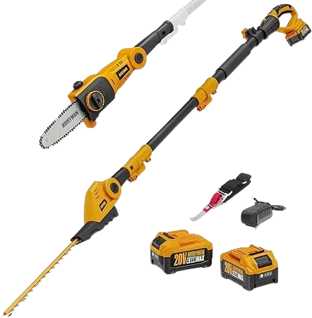 Alloyman Pole Saw 8-Inch Cordless and 16-Inch Pole Hedge Trimmer 2-in-1